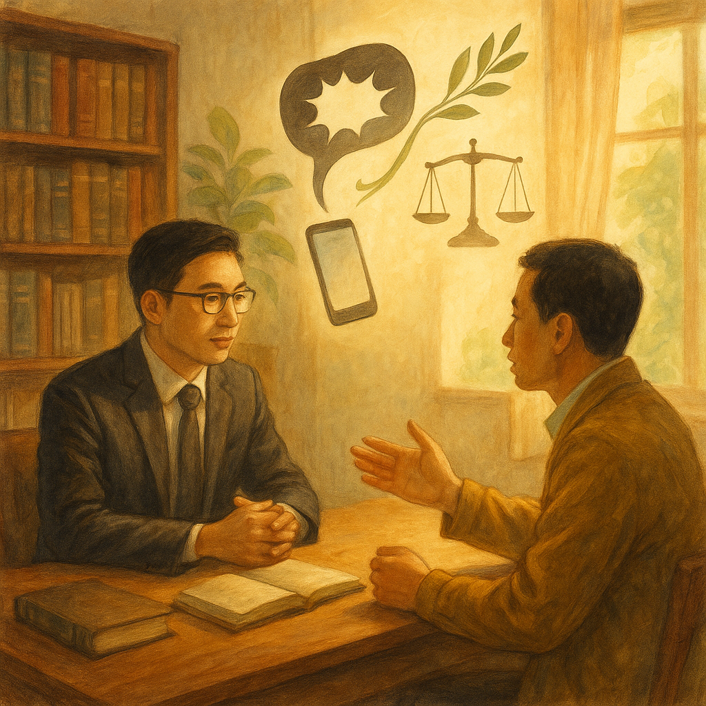 溫暖自然光下的手繪律師事務所，台灣律師與當事人對坐諮詢；手機上尖刺對話泡漂浮，被柔風化為橄欖枝與天秤，旁有和解握手剪影，電影感構圖、細膩質感、詩意奇幻無字。