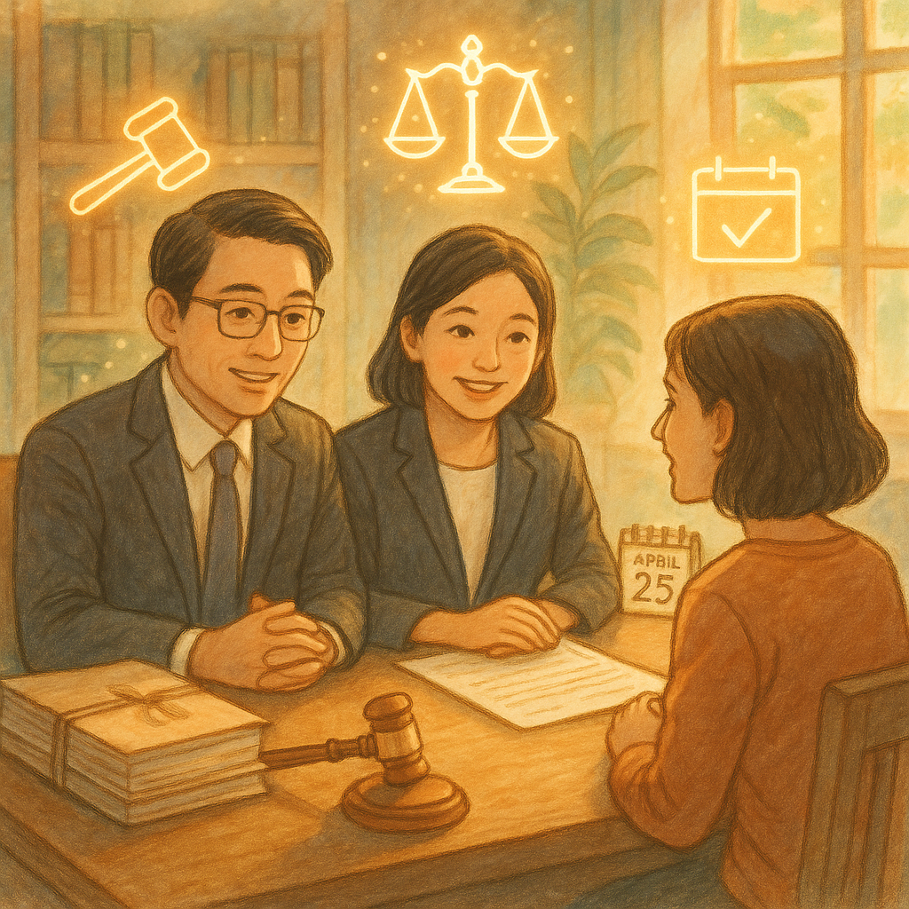 溫暖自然光下的手繪律所場景，兩位專業台灣律師與民眾諮商，表情溫暖，桌上卷宗與法槌、天秤、日曆等發光符號環繞，象徵執行事件訴訟與常見問題引導，柔色細膩、帶奇幻氛圍。