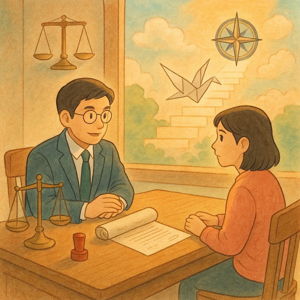 溫暖自然光的吉卜力風插畫：臺灣律師與民眾在木桌諮詢，象徵訴願的公文卷、印章與天秤環繞；卷宗化為紙鶴飛向階梯形光路與羅盤，指引結論與行動；手繪質感、柔色、無文字。