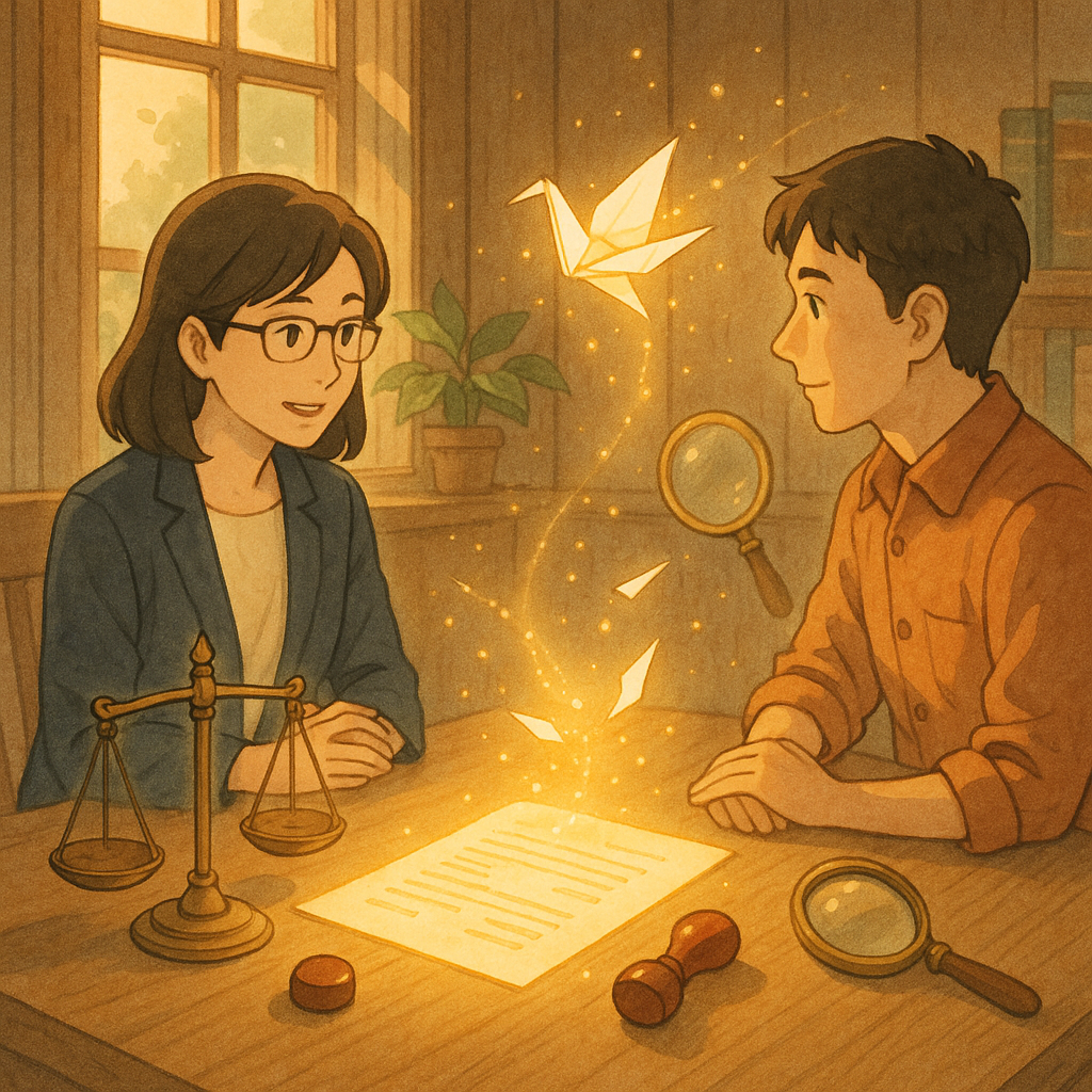 暖陽與柔和色調灑入木質會議室,台灣律師與委託人對坐,溫柔討論。桌上浮起發光的文件與印章,化作紙鶴與光點,天秤與放大鏡環繞,象徵偽造文書鑑識與實務建議,質感如吉卜力手繪。