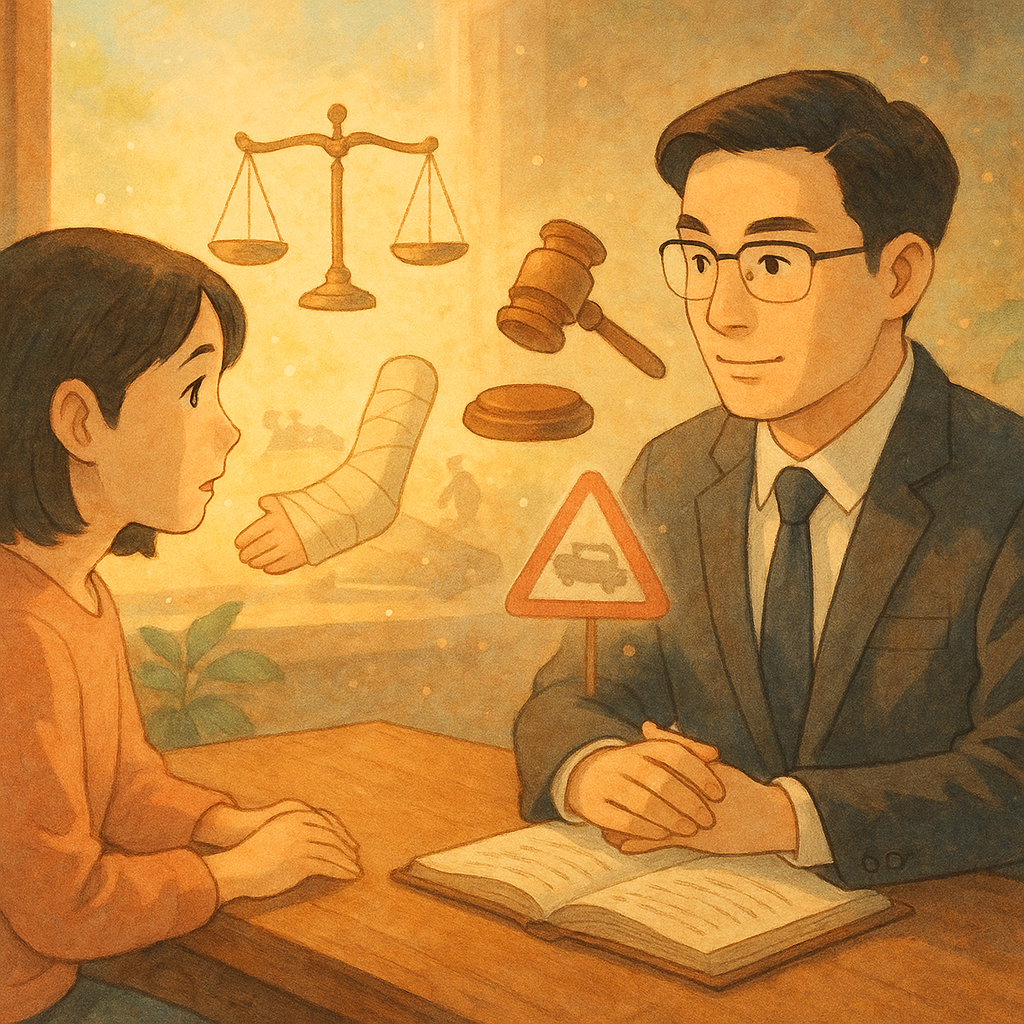 溫暖日光下，台灣人律師與當事人在木質書桌旁諮詢、表情溫和專業，手繪紋理與柔色瀰漫。桌上漂浮象徵性天秤、法槌與繃帶、交通標誌幻影，窗外含蓄的事故場景化為光粒。整體奇幻治癒、吉卜力風格，無文字。