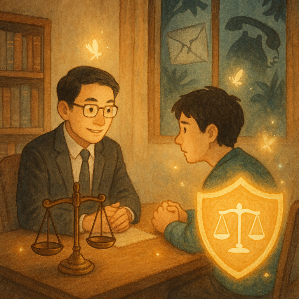 柔光下的台灣律師與民眾在溫暖事務所諮詢，桌上天秤與發光盾牌環繞。窗外幽影化作電話與裂痕信封象徵恐嚇，精靈般微光守護，手繪質感、無文字，吉卜力式奇幻寫實。