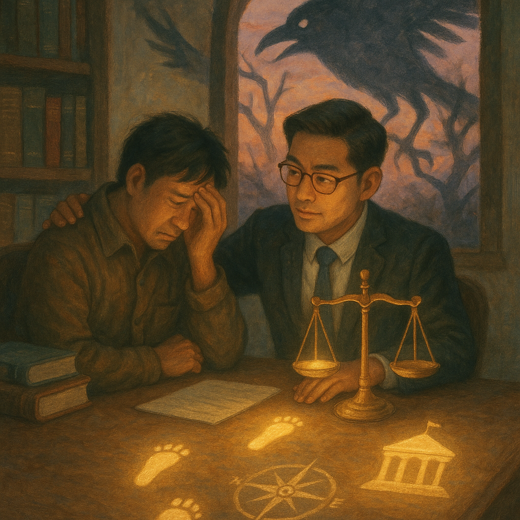 高解析度插畫溫暖奇幻與電影感、柔和色彩、自然光、手繪感。傍晚律師事務所內，台灣律師安撫焦慮台灣當事人，表情細膩；窗外陰影怪鳥象徵恐嚇漸散，天平微光與地上浮現亮足跡、羅盤與法院剪影指引行動。畫面無文字。