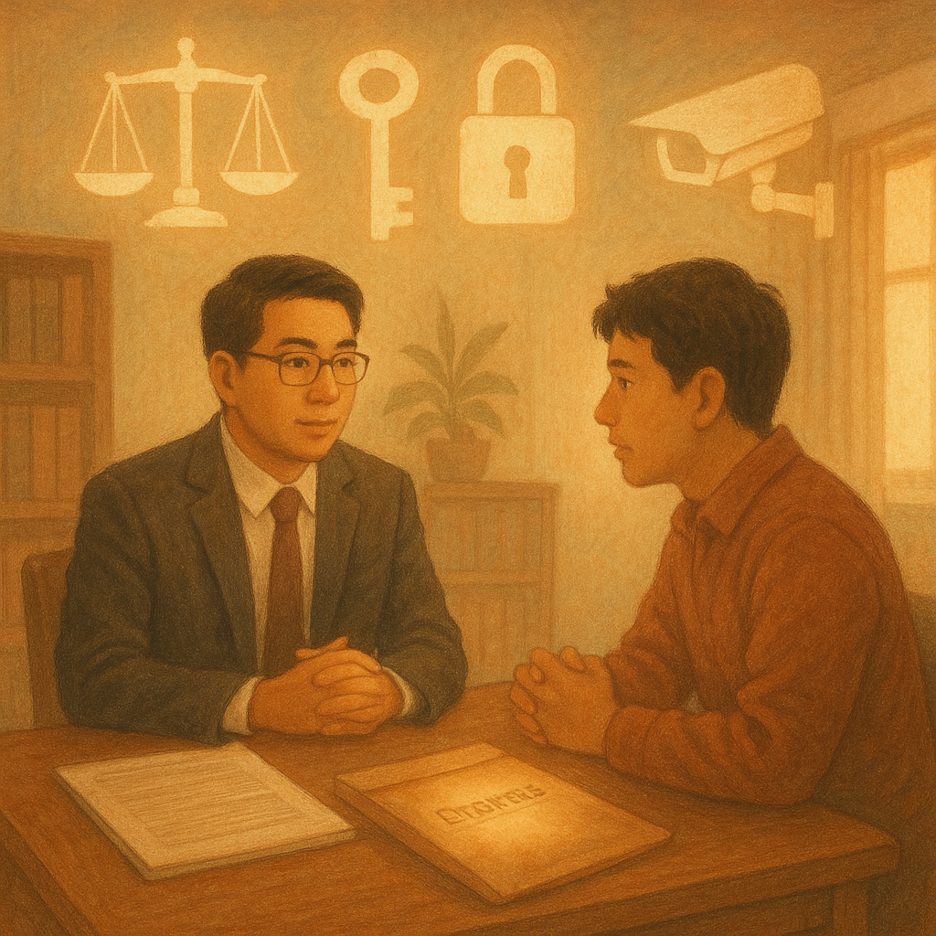 溫暖柔光與柔和色彩下的手繪律師事務所，台灣律師與當事人圍桌諮詢；天花漂浮象徵圖示：天秤、鑰匙、鎖與監視影像般光影，桌上卷宗與證物袋發出微光，寓意竊盜案例研究與量刑策略。