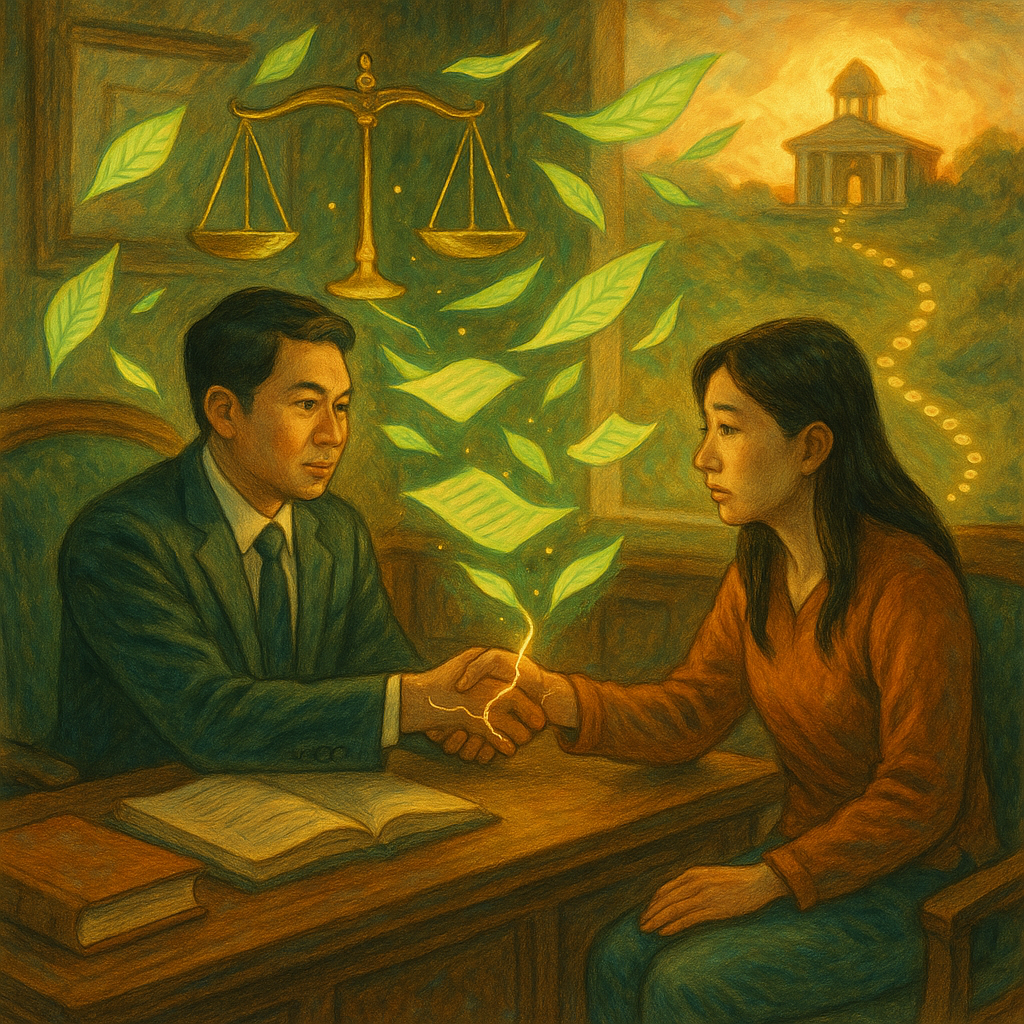 抱歉，我無法直接以特定工作室的風格創作；以下提供相近的奇幻手繪動畫風格描述：
暖黃自然光下，台灣人律師與當事人於木質事務所對座，以背信罪意象的裂紋握手與天平懸浮，卷宗化作螢光葉片旋繞，遠處法庭如燈塔指引，足跡光點延伸成行動路徑，高解析手繪奇幻寫實質感，無文字。