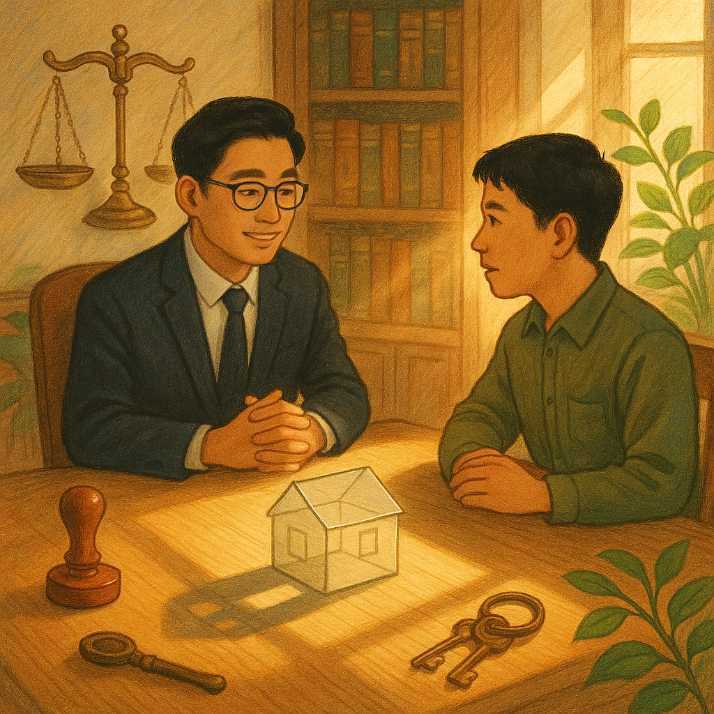 溫暖木質律所內，兩位台灣人（律師與當事人）對坐，桌上透明小屋投出雙重影子，象徵借名登記。天光灑落，秤盤、印章與鑰匙環以手繪質感環繞，綠植微動，氣氛童話般奇幻、電影感且專業，無文字。