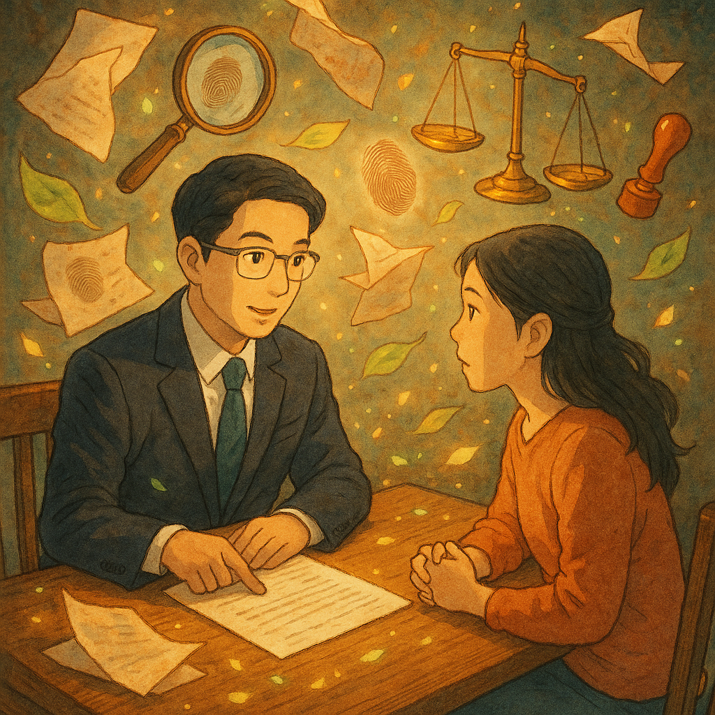 吉卜力風高解析插畫：台灣律師與民眾在木桌諮詢，柔光與手繪質感。周圍漂浮變形的文件、指紋、印章與天秤、放大鏡，暗示偽造文書調查；紙張化作光粒與葉片，溫暖奇幻、無文字。