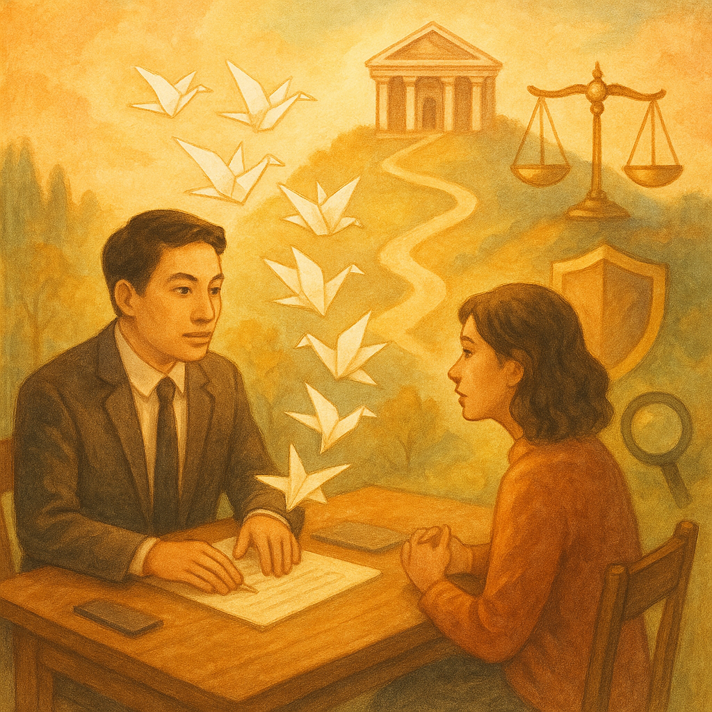 溫暖魔幻氛圍中,柔色自然光與手繪質感;台灣律師與當事人於木桌諮商,文件化作紙鶴飛向山丘法院,天光映照天平與盾牌、放大鏡與蜿蜒路徑,象徵抗告、風險控管與保守評估,畫面無文字。