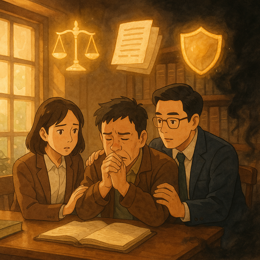 高解析度、溫暖吉卜力風格畫面:木質事務所中,表情細膩的兩位台灣人律師安撫受恐嚇的來訪者;柔光穿窗,法秤、卷宗與發光的盾牌漂浮象徵法律保護,角落陰影化作散逸的黑霧;手繪質感、自然光影、無文字。