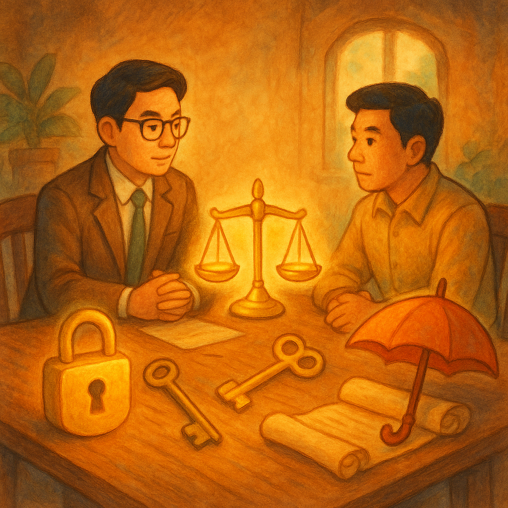 抱歉，我無法直接採用特定工作室或藝術家的風格；我可以改以溫暖、奇幻、手繪動畫的氛圍來呈現。

柔和自然光下，台灣律師與企業客戶在木桌諮商，神情專注；發光天平、鎖與鑰匙、卷軸與守護傘環繞，象徵背信罪爭點與風險控管。手繪質感、暖色奇幻氛圍，無文字。