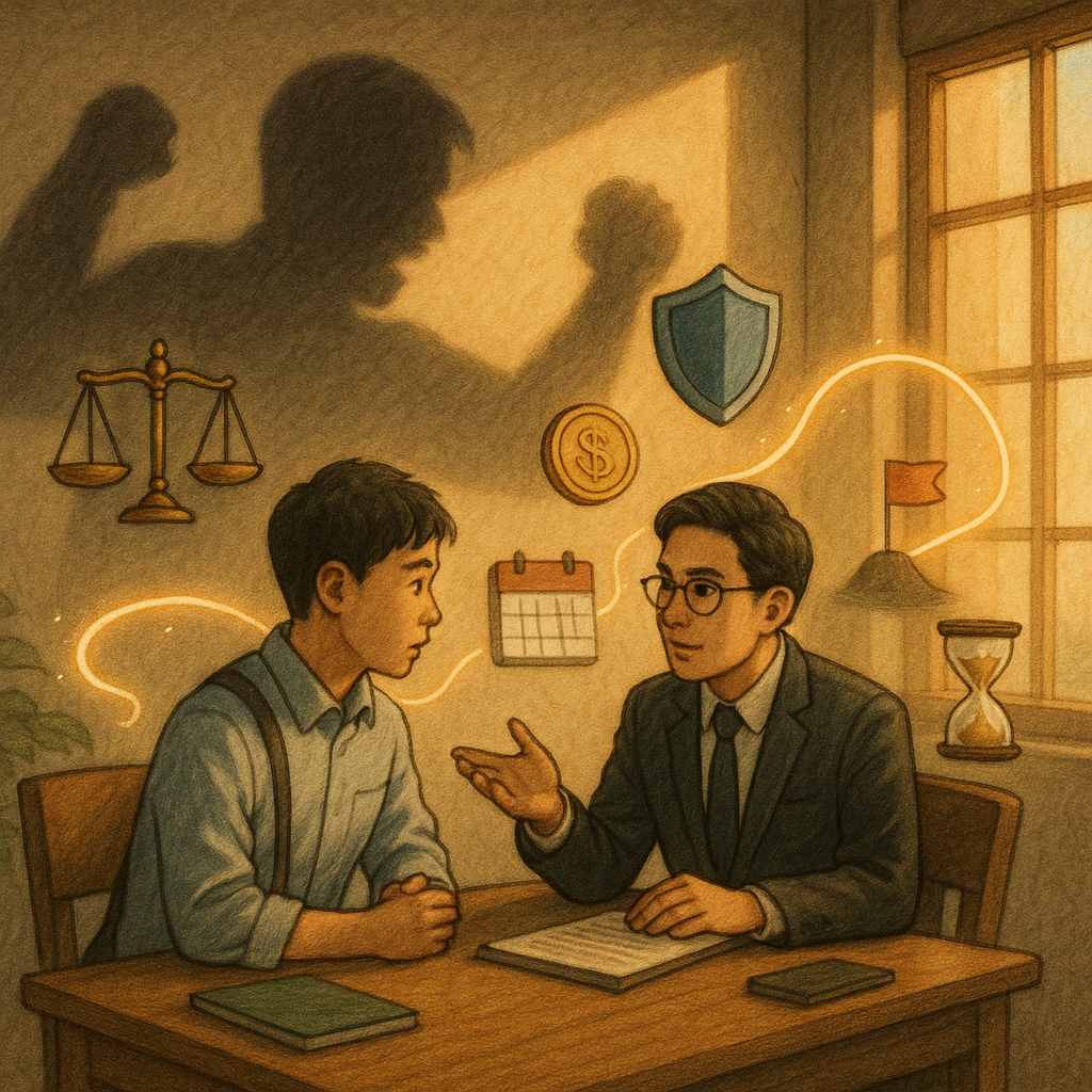 溫暖自然光下,台灣上班族與律師在辦公室諮詢,表情細膩、手繪質感。牆上映成巨影,象徵職場霸凌,桌側天秤、護盾、硬幣與沙漏懸浮;蜿蜒發光路徑連接日曆與里程碑,指向未來費用時程。吉卜力式奇幻氛圍,無文字。