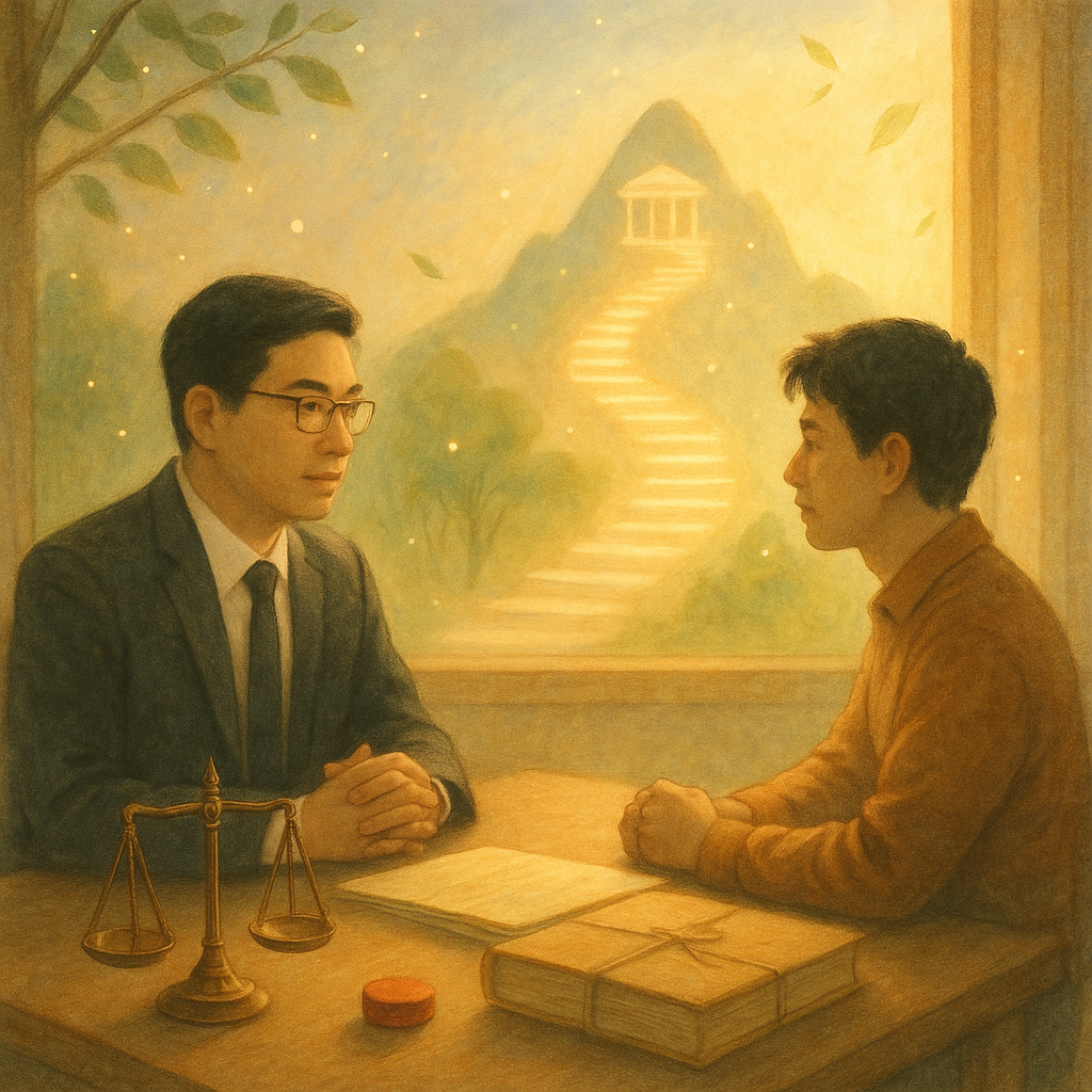 抱歉，我無法直接使用特定工作室的風格；以下為相近氛圍的描述：
柔和晨光下，台灣律師與當事人於溫暖手繪空間對談，桌上有天平、卷宗與紅色圓印；遠處通往法院山形輪廓的發光階梯蜿蜒上升，象徵上訴之路。漂浮光點與微風葉片增添奇幻電影感，無文字。