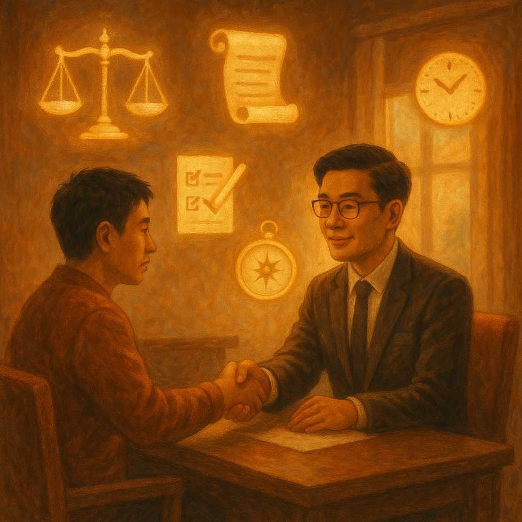 抱歉，我不能直接仿特定工作室風格；改以溫暖手繪、電影感的奇幻筆觸呈現。
溫暖手繪風的會談室裡，台灣人律師與當事人對坐握手，柔光灑落；空中漂浮發光的天秤、卷軸與打勾清單、指南針與時鐘，象徵認罪協商與即刻行動指引，畫面無文字。