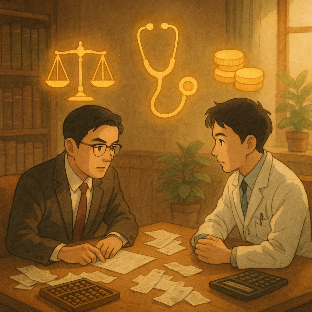 溫暖木質事務所裡,台灣律師與醫師表情專注對坐討論,桌上散落收據、算盤與計算機。自然柔光與柔和色調下,金色天秤、聽診器與硬幣化為漂浮光影,象徵醫療糾紛金額估算與案例評估,吉卜力手繪質感,無文字。