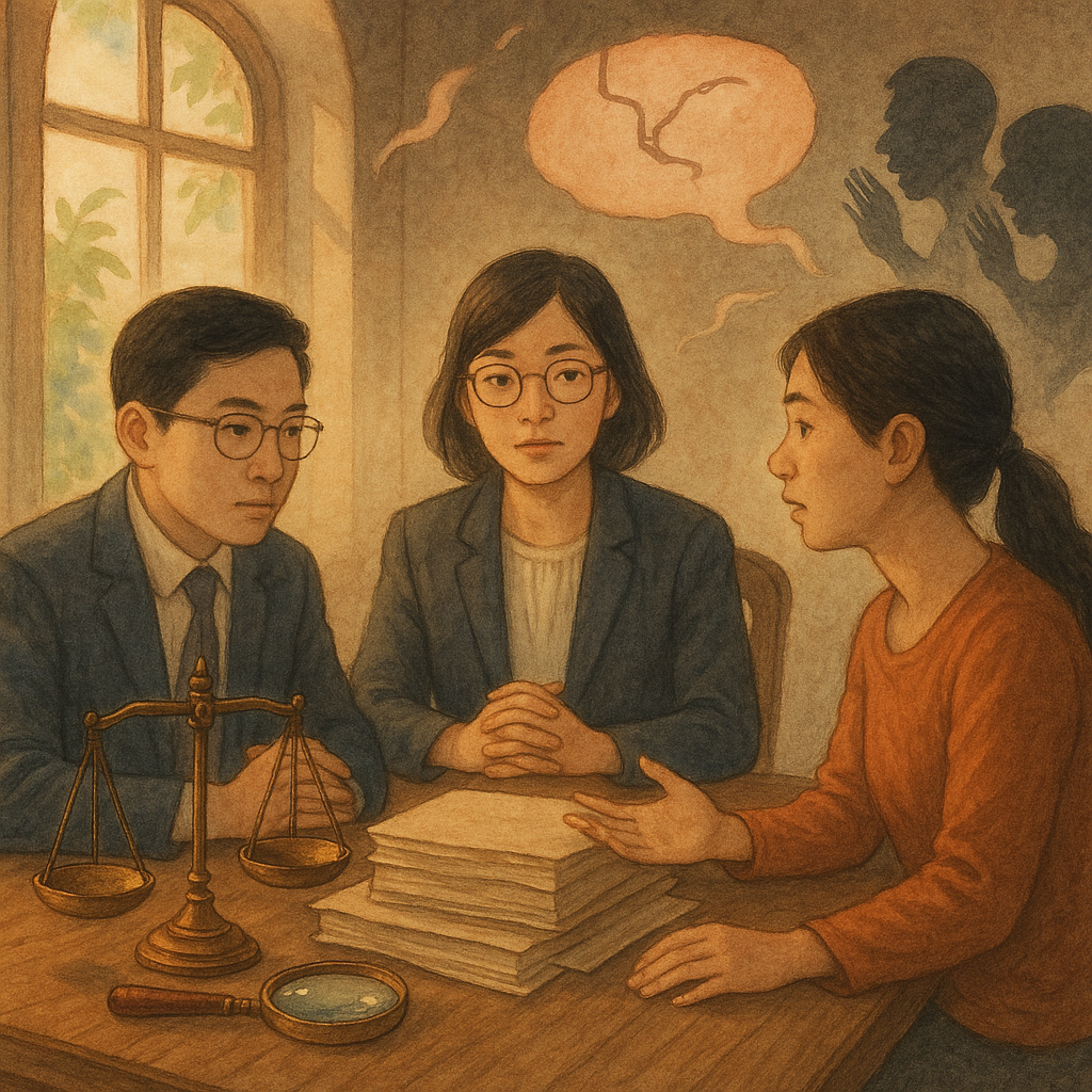 抱歉，我無法直接複製特定工作室的風格，但可提供相近的溫柔手繪奇幻美學描繪：

暖色自然光下，兩位台灣人律師與當事人圍坐木桌，放大鏡與天秤旁堆疊無字卷宗；窗外輕風拂動，手繪質感柔和。破裂的對話雲與呢喃影子飄浮，象徵毀謗與案例解析，畫面無文字，奇幻而寫實。