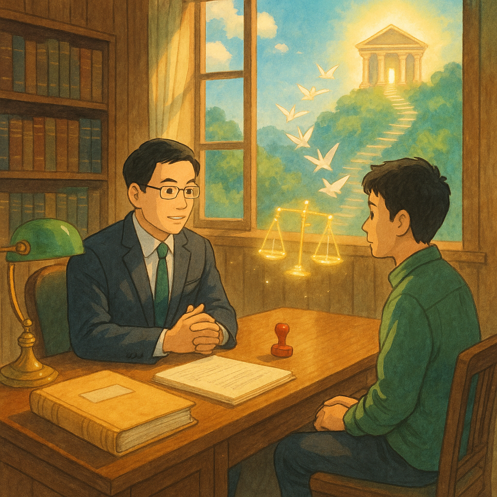 吉卜力風格高解析度插畫:陽光灑入木質律所,台灣律師與當事人對坐諮詢;桌上卷宗、印章與天平微光漂浮,窗外紙鶴化作階梯般向上飛向遠處發光法院,象徵上訴路徑與解惑;柔色、自然光與手繪質感溫暖奇幻,無文字。