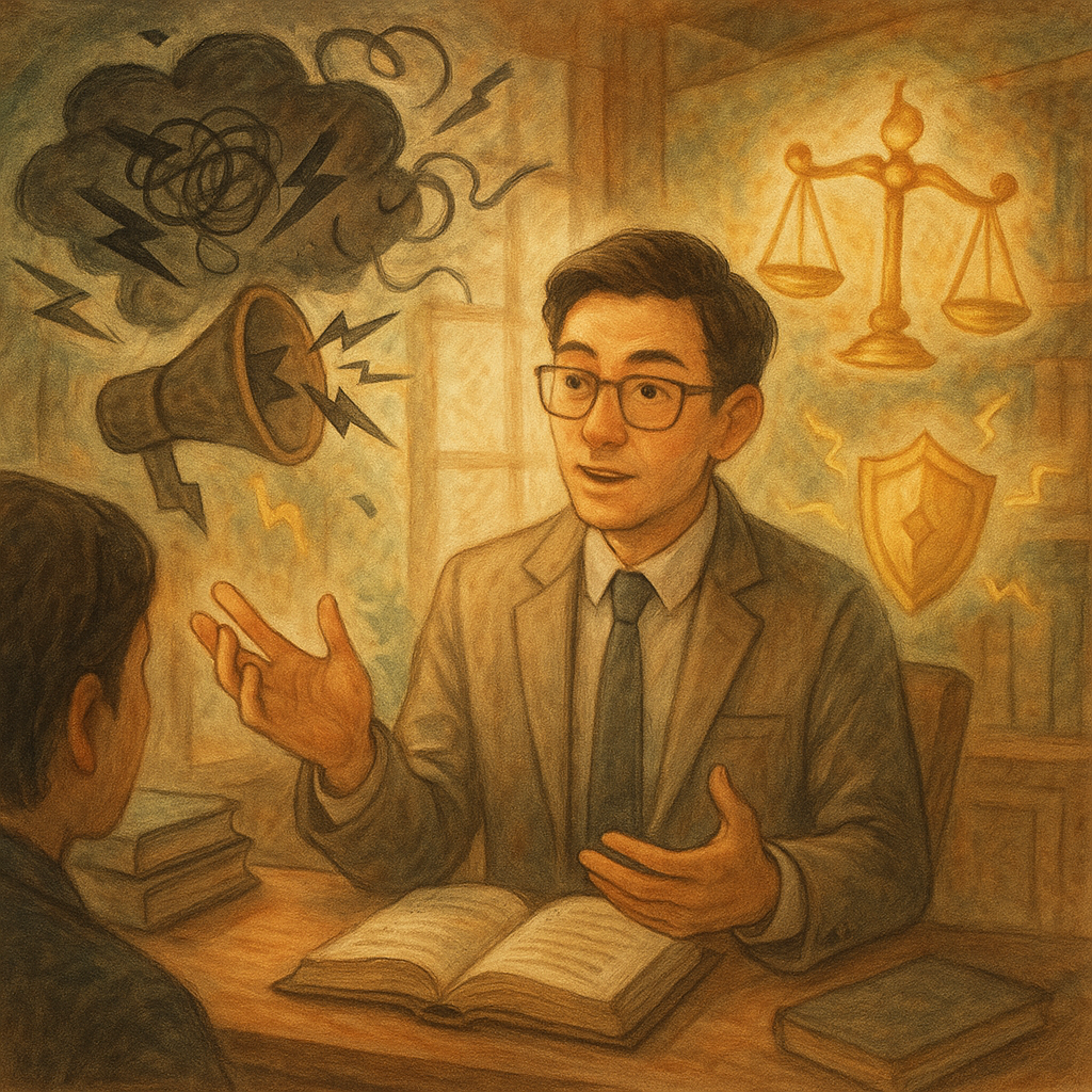 抱歉,我無法直接模仿特定工作室的風格;以下是相近風格的描述:
溫暖自然光下,台灣人律師在木質事務所向民眾解說;周圍飄浮象徵公然侮辱的黑雲與亂線、破裂喇叭與小雷電,與金色天秤與盾牌精靈交織。手繪質感、柔和色調、奇幻電影感,無文字。