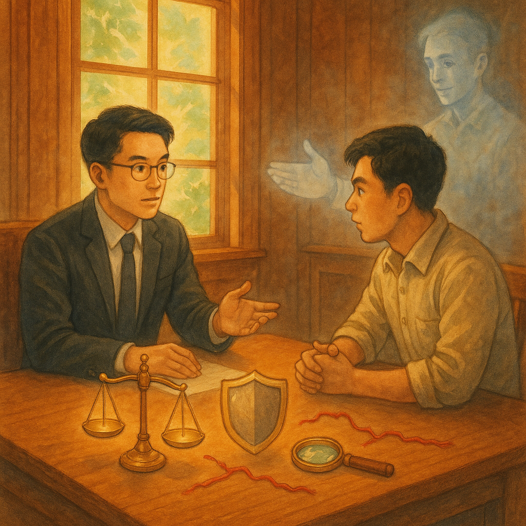 吉卜力風暖色手繪質感、輕微魔幻感：台灣律師與當事人神情專注在木質會談室交流，窗外自然柔光。桌上浮現天秤、盾牌、放大鏡與斷裂紅線，角落半透明人影遞手示意象徵幫助犯；無文字。
