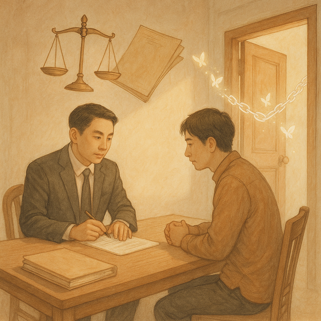 柔和自然光的手繪場景中,台灣人律師與當事人神情專注於木桌諮詢,天秤與案件卷宗輕盈漂浮;透明鎖鏈化作光蝶自門口解開,象徵妨害自由與爭點風險解析,細膩溫暖、無文字。