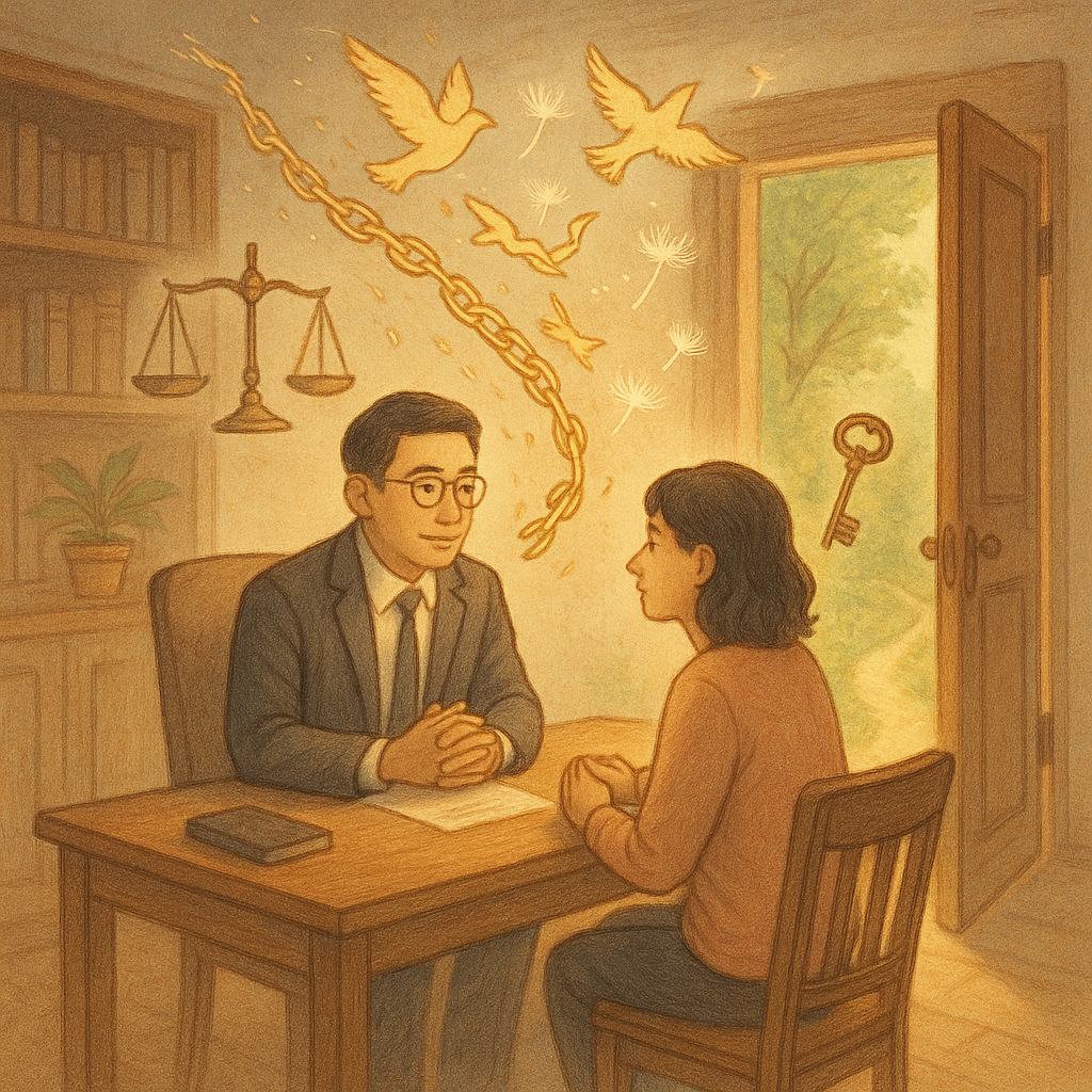 暖陽灑入木質法律諮詢室,柔和色調中台灣律師與民眾對坐交流、表情細膩;柔光裡象徵自由的金色鎖鏈化作飛鳥與蒲公英飄散,開啟的門通向綠意小徑,天平與鑰匙輕盈漂浮,手繪質感溫暖魔幻、無字。