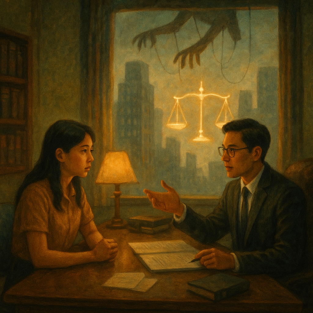 溫暖奇幻、電影感,具手繪質感的辦公室裡,台灣人女職員與律師對坐諮詢;窗外陰影高樓與朦朧操控之影漸散,空中漂浮發光天秤與斷裂傀儡線,柔和自然光、無文字。