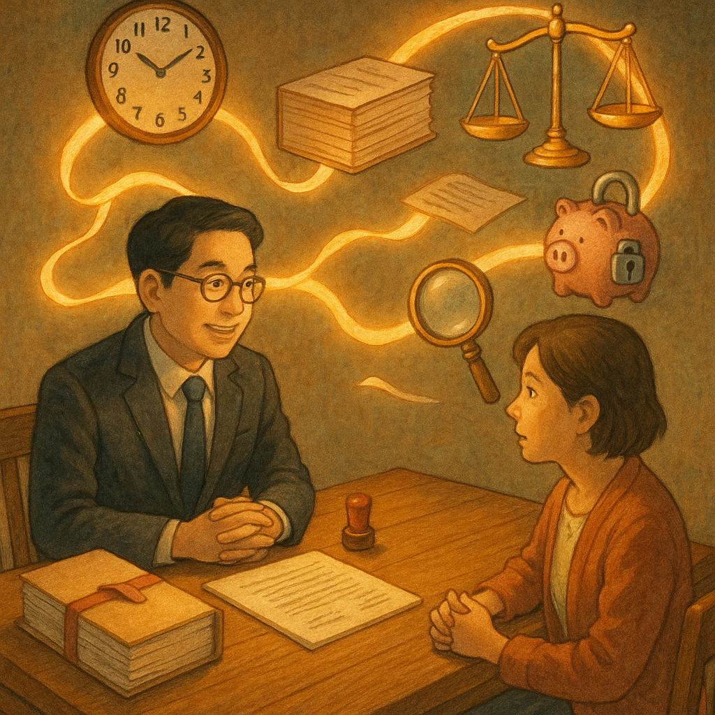 吉卜力風格溫暖光影下，臺灣律師與當事人於木桌諮詢；卷宗、印章與時鐘由發光絲帶相連，天平、鎖住的撲滿與放大鏡漂浮象徵侵占罪流程、文件與案例；手繪質感細膩，魔幻卻真實，畫面無文字。