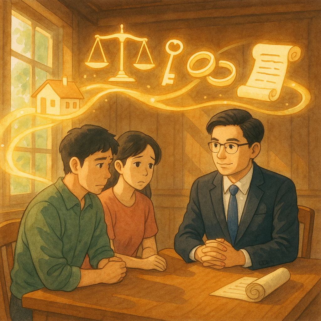 柔和陽光灑入木質會議室，台灣律師溫和聆聽一對台灣夫妻；天光化作漂浮符號：天秤、房屋、鑰匙、拆分的戒指與合約卷軸，化成流動光帶分界財物，吉卜力式手繪溫暖質感，現實與魔幻交織、情緒細膩。