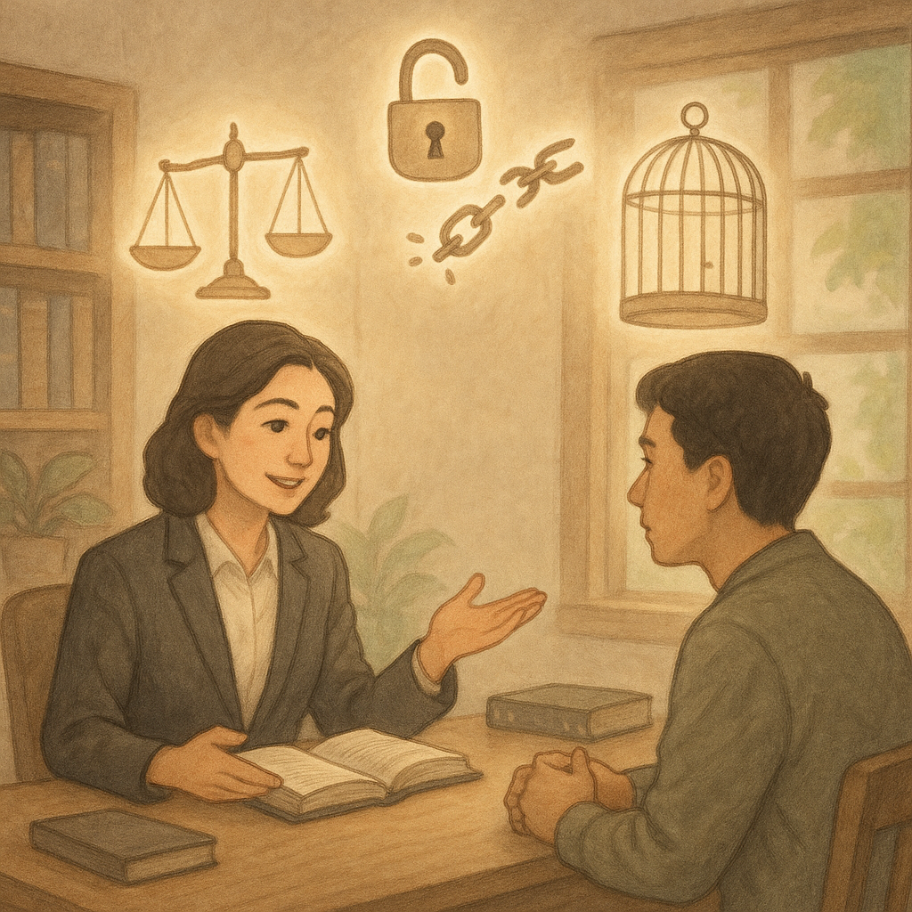 溫暖自然光下的木質事務所內，一位台灣律師溫柔解說，對面民眾神情專注；空中漂浮著發光的天秤、解鎖鎖頭與斷裂鎖鏈、打開的鳥籠，象徵妨害自由與解困；手繪質感、柔和色彩、奇幻電影感，畫面無文字。