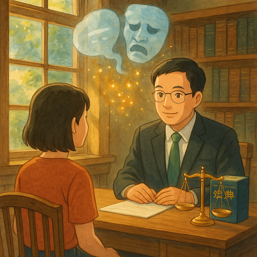 吉卜力風溫暖場景：陽光灑入木質法律諮詢室，台灣律師溫和傾聽台灣民眾。窗外漂浮半透明語氣雲與扭曲面具象徵公然侮辱，化作光點被天平與法典柔和鎮定。手繪質感、自然光、魔幻寫實。