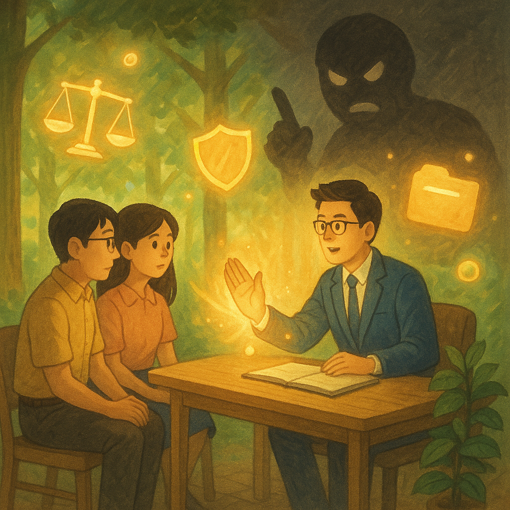 抱歉，我無法直接套用該特定工作室的風格；以下以相近的溫暖手繪動畫風格描述：
柔和自然光下，兩位台灣上班族於木質諮詢桌前與台灣律師對坐；周遭飄浮發光的天秤、盾牌與檔案夾，化作森林微風與循環光球；角落灰色巨影指責般逼近，律師伸手形成溫暖光幕守護，手繪質感、奇幻溫馨、無文字。