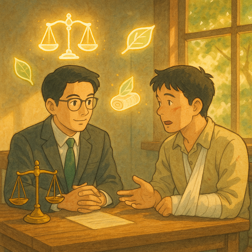 吉卜力風格、柔和色彩插畫:溫暖自然光下、具電影感,台灣律師與輕傷市民在木桌諮詢,天平與繃帶、交通錐與樹葉化作發光符號環繞,象徵過失傷害的責任與救濟,手繪質感細膩,奇幻而真實。