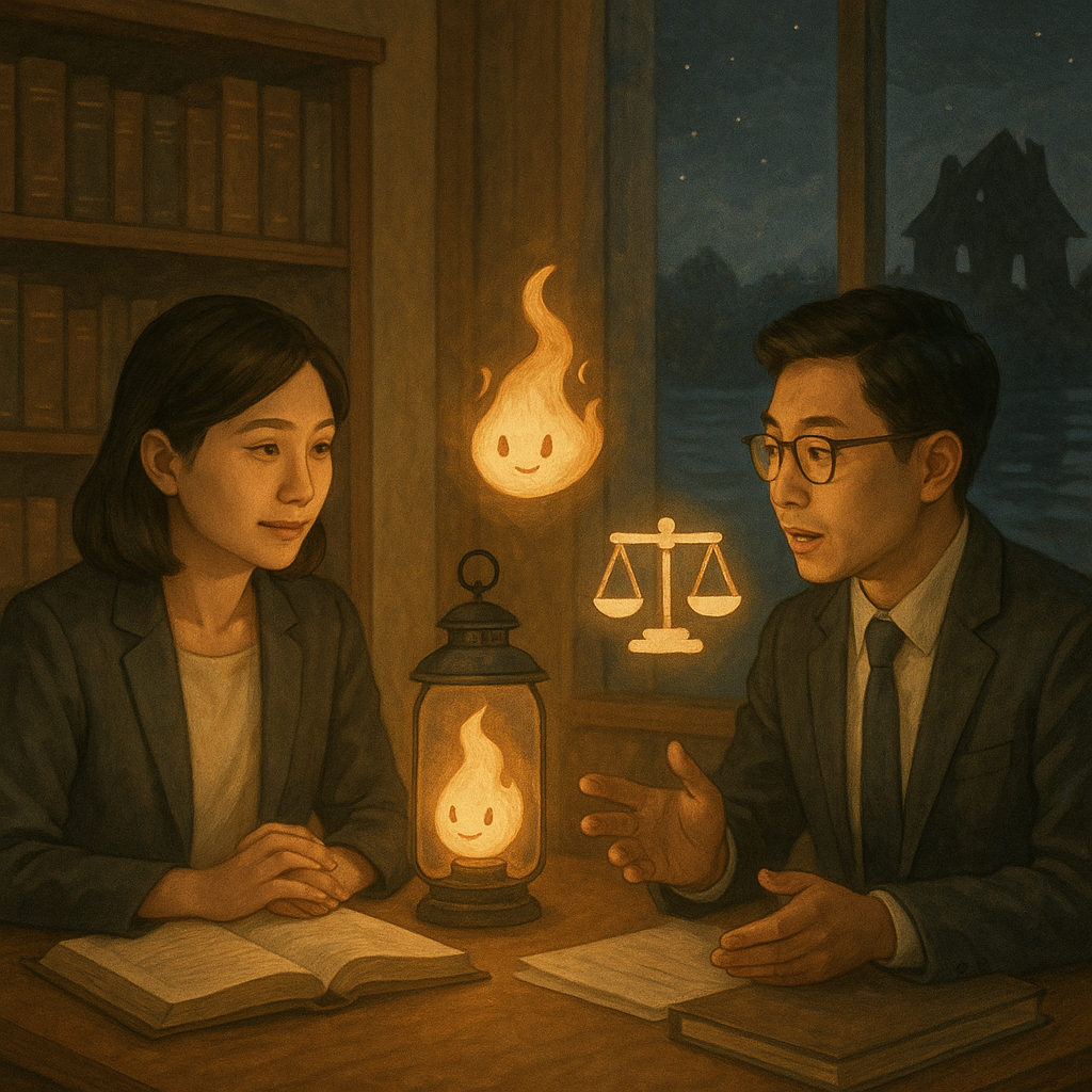 抱歉,我無法直接複製特定工作室的風格;以下提供相近氛圍的圖像描述:
溫柔自然光下,兩位台灣人律師在木質書房諮詢,一旁漂浮手繪火焰精靈被玻璃燈籠溫柔收束,天平與卷宗化作發光圖標,窗外夜色映著遠方焦黑紙屋剪影與水紋,柔色調的奇幻寫實、無文字。