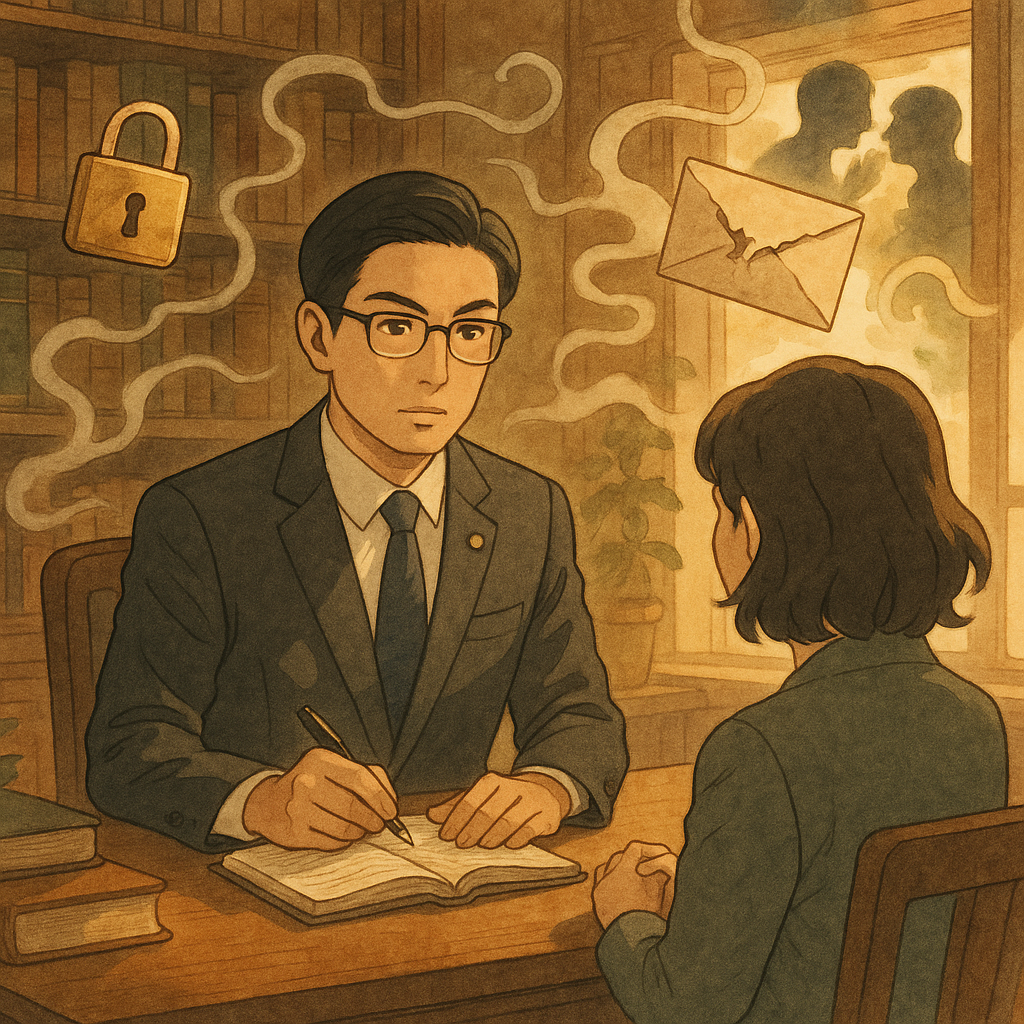 溫暖自然光與柔和色調下，台灣律師神情專業與當事人於木質書房諮詢；周圍漂浮鎖與破裂信封、耳語煙霧與光影剪影象徵妨害秘密，手繪質感、奇幻日式動畫風，帶電影感，畫面無文字。