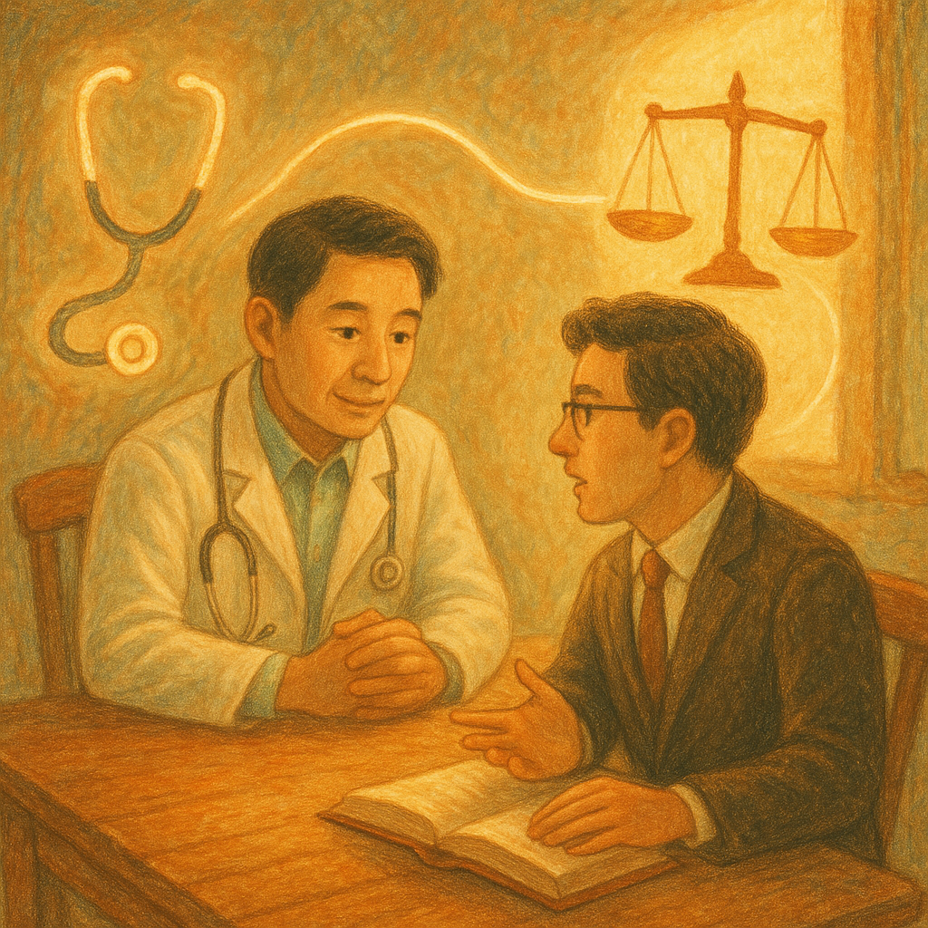 抱歉,我不能直接使用特定工作室的風格;以下提供具溫暖、奇幻、手繪質感的替代描述:
溫柔手繪場景中,台灣醫師與律師在木桌前專心會談,天光灑落。天平、聽診器與發光指引線化作飄浮圖像,象徵醫療糾紛的結論與實務建議,細節豐富,氛圍溫暖奇幻,無任何文字。