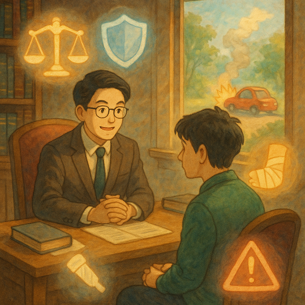 吉卜力般奇幻的溫暖手繪風格，高解析度細膩質感；律所內一位台灣律師與當事人對坐諮詢，窗外自然柔光灑入。半透明天秤、護盾、繃帶與警示符號環繞，遠景夢幻映出輕微意外，象徵過失傷害爭點與風險控管。無文字。