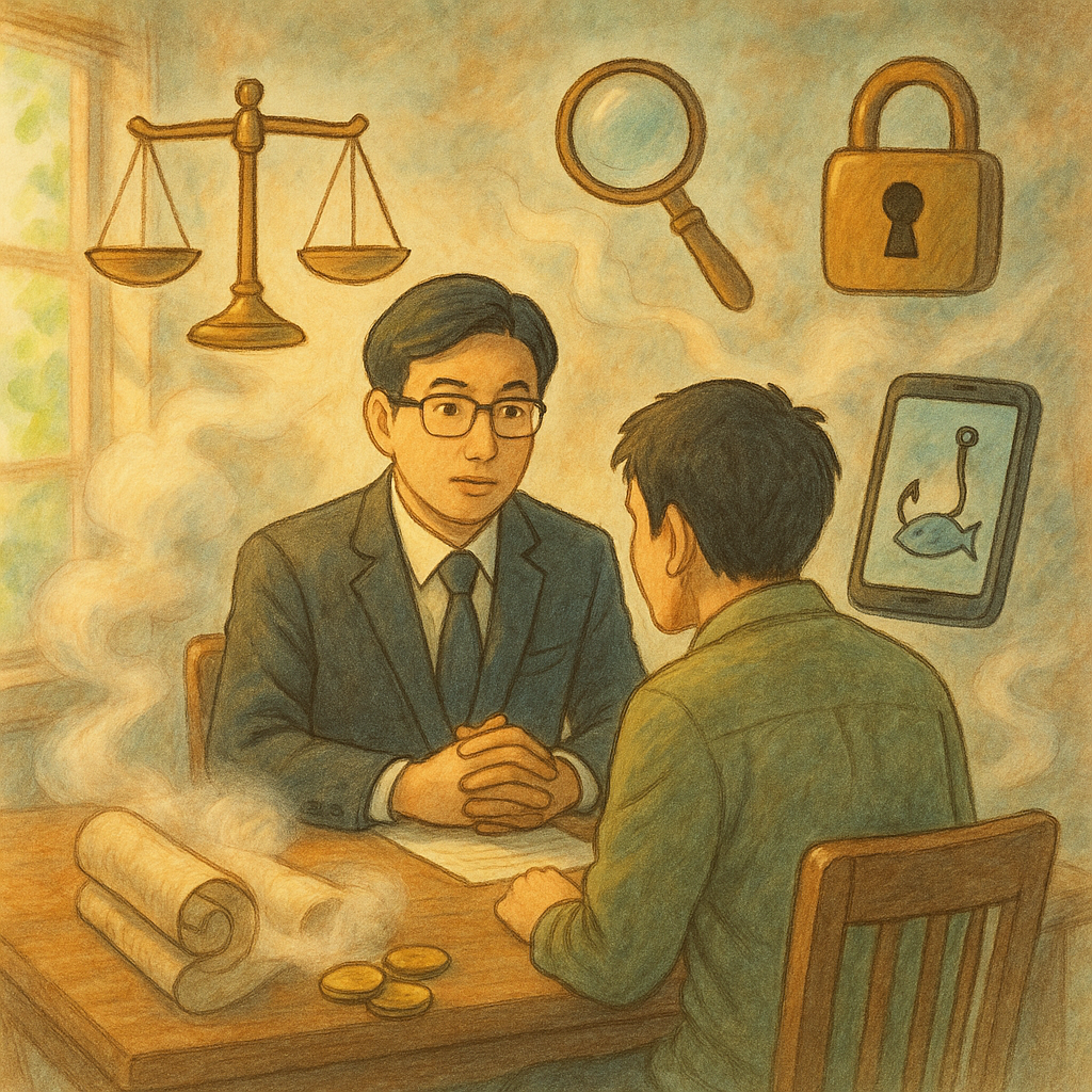 溫暖自然光下,表情專業的台灣律師與民眾在木桌諮詢,周圍漂浮天秤、放大鏡、鎖與手機上釣魚圖像,霧光環繞的紙卷與硬幣象徵詐欺罪,柔和色彩、手繪紋理與具敘事感的吉卜力風奇幻氛圍,無文字。