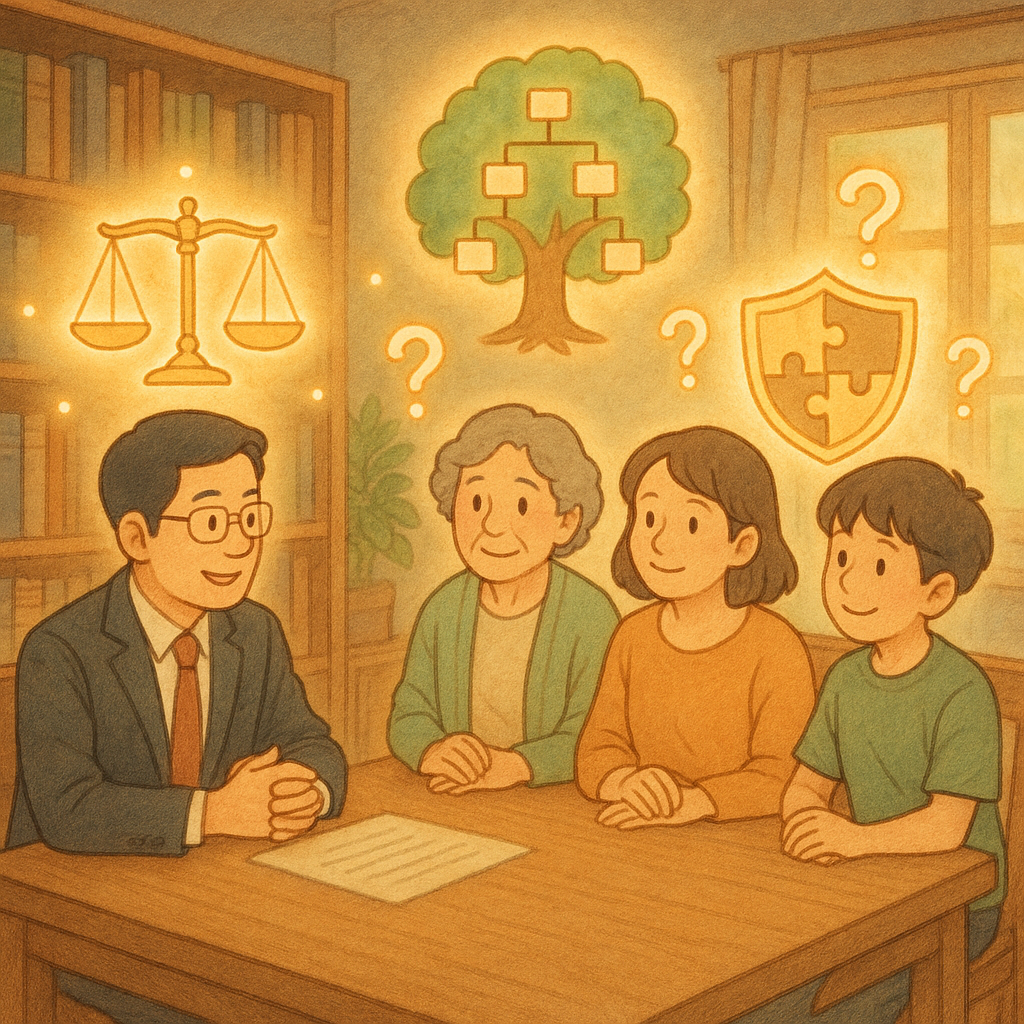 柔和自然光下，親切的台灣律師與家族在木質書房諮詢；發光的天平、家譜樹與拼圖盾牌在空中漂浮，問號形光點環繞，象徵特留分保障。吉卜力般溫暖手繪質感，色彩柔雅，畫面無文字。