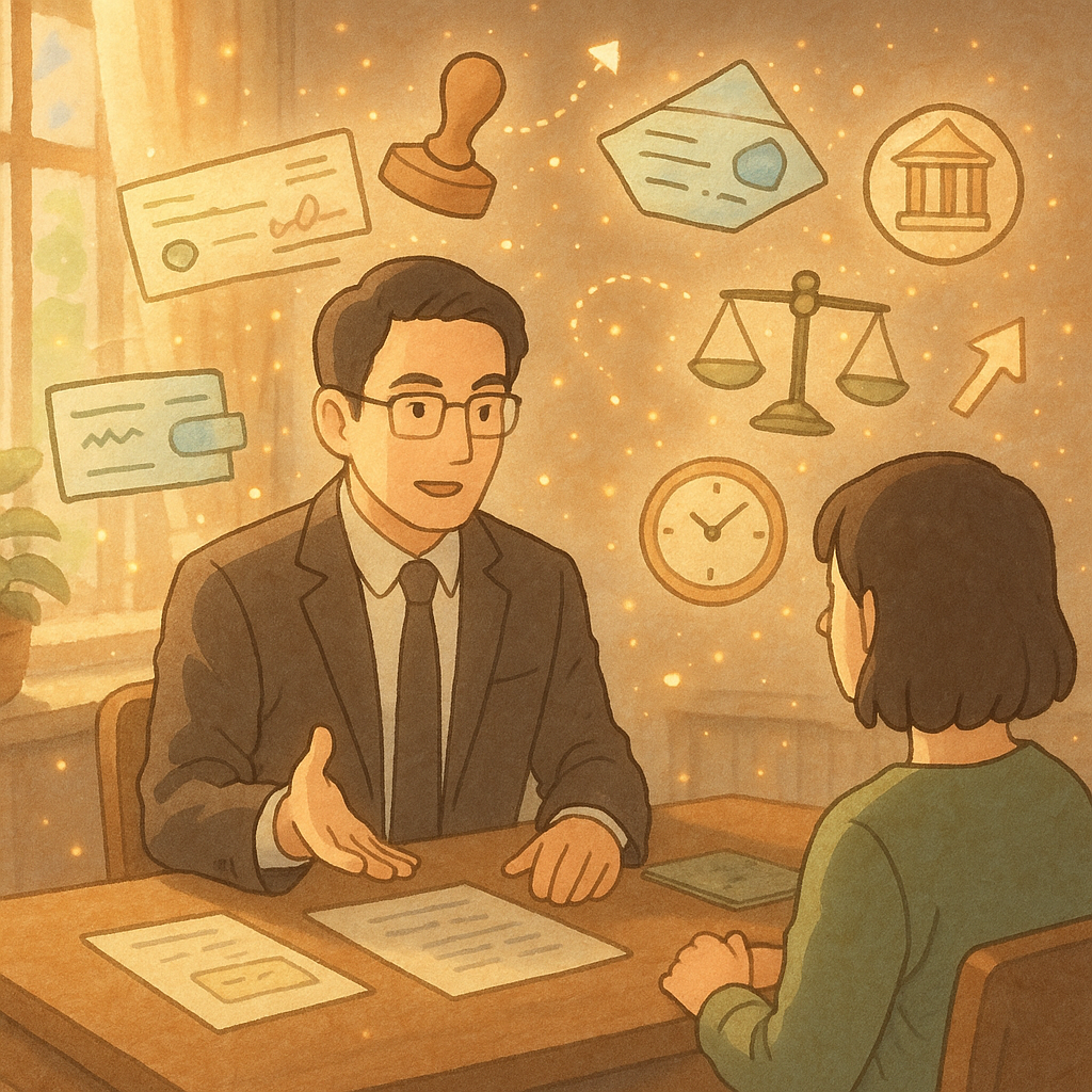 柔色溫暖自然光中的台灣事務所，台灣律師與客戶圍桌諮詢；桌上漂浮手繪支票、匯票、印章、天平、銀行、時鐘與箭頭等圖示，化作柔和光粒環繞，以吉卜力風童話感呈現票據法常見問題氛圍，畫面無文字。