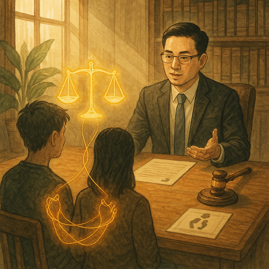 柔光灑入木質事務所,台灣律師向兩名當事人解說;兩人影子以金色絲線相連,共同托舉發光天秤,桌上法槌與重疊腳印指向同門。手繪質感、自然光、半寫實與奇幻平衡、無文字。