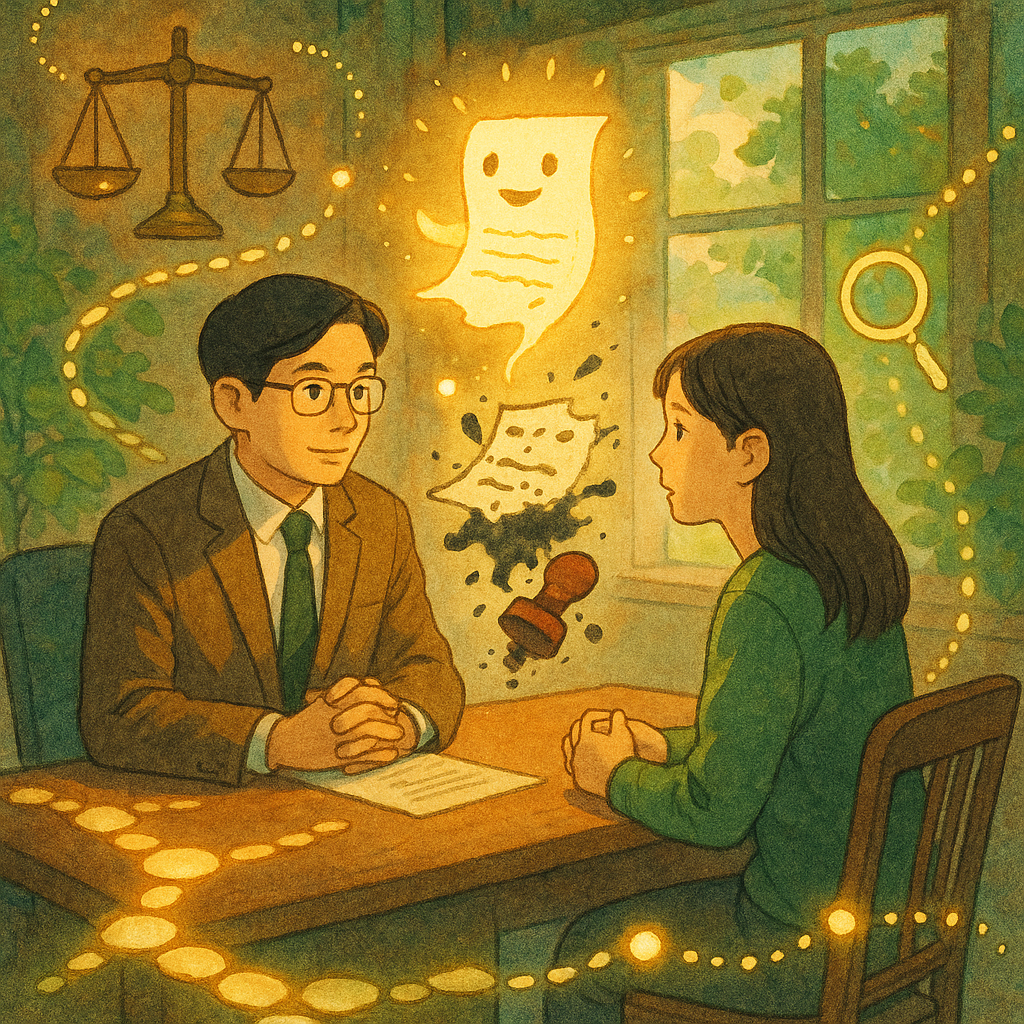 溫暖自然光的奇幻辦公室內,台灣律師與當事人對坐諮詢;桌上漂浮發光文件精靈,部分化為墨跡與破印章象徵偽造。周圍出現分岔的光石步道與光點串連的流程節點、天平與放大鏡圖像,手繪質感、吉卜力電影般治癒氛圍。