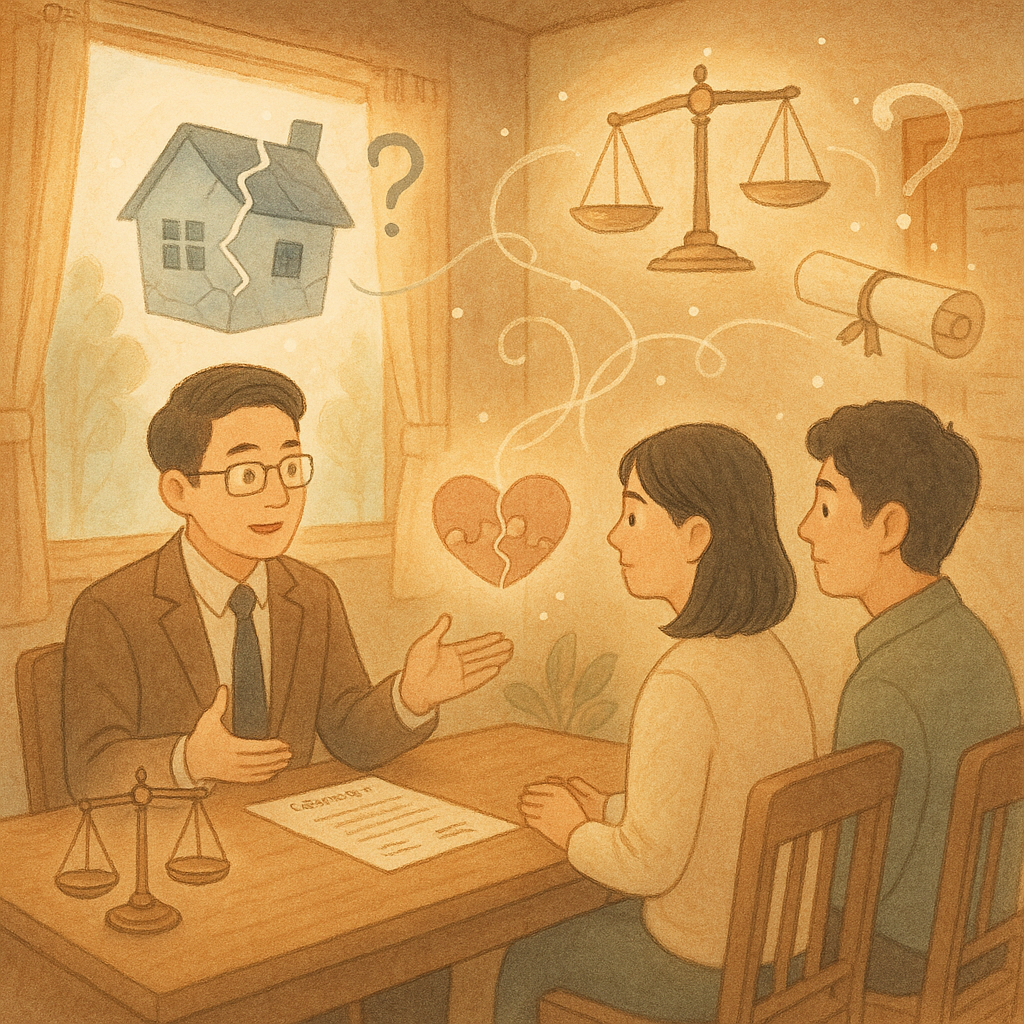 溫暖木質事務所裡,以柔和色彩,台灣律師與一對台灣夫妻對坐商談;窗外柔光灑落,半透明破裂瓷屋漂浮,與天平、合約卷軸、拼合心形與連接絲線環繞,並有疑問化作微光點流動,手繪質感營造童話般諮詢場景,無文字。