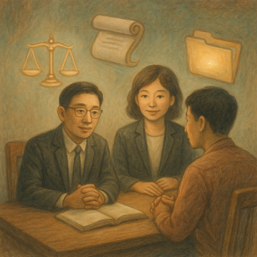 溫柔光影下,兩位台灣人律師與民眾在木質辦公桌諮詢,手繪質感、細膩筆觸與柔色。漂浮的天秤、卷宗與發光檔案夾象徵訴願與常見問題,電影感景深帶奇幻感,畫面無文字。