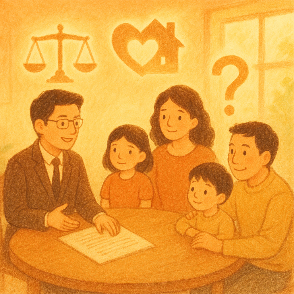 抱歉，我無法直接模仿特定工作室的風格；以下提供具溫暖手繪與奇幻敘事感的替代描述：
暖色調、溫柔手繪質感與自然光下，台灣律師與父母孩童圍桌諮詢；天平、心形與家屋剪影、發光問號在空中環繞，象徵監護權與FAQ主題，畫面無文字。