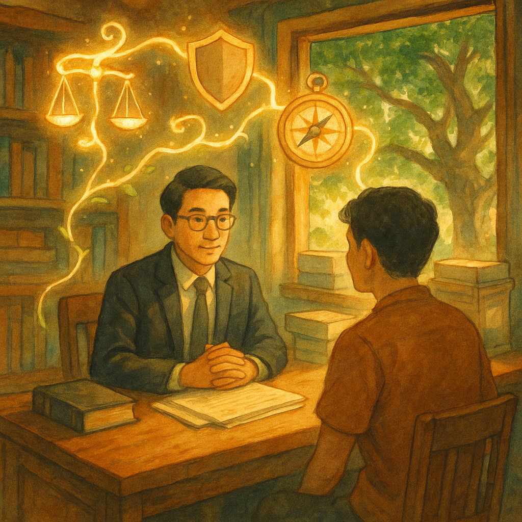 吉卜力般溫暖柔光中,台灣律師與民眾在木質書桌前諮詢;空中漂浮天平、盾牌、羅盤與放大鏡,化作發光藤蔓連結案件卷宗,窗外榕樹微風,手繪質感與奇幻氛圍交融,寓意訴願爭點與風險控管,畫面無文字。