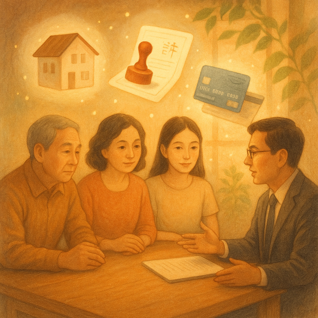 溫暖暮光下，四位台灣家人與專業律師神情專注圍坐木桌，手繪質感。漂浮的房屋模型、地契印章、跨行存摺與卡片化作柔光圖騰，象徵繼承與資產分配。綠植微風與光粒營造奇幻但寫實的諮詢情境。畫面無文字。