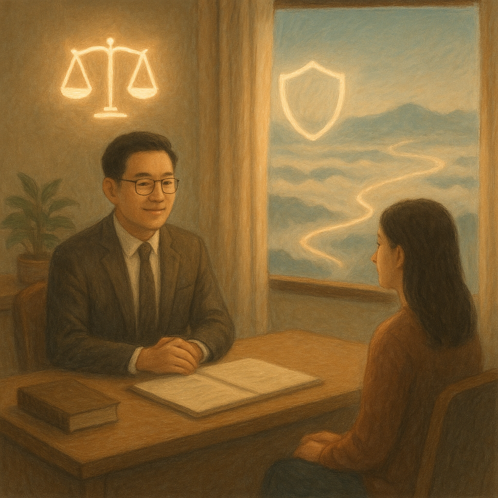柔光手繪場景中，台灣律師與當事人於溫暖的諮商室對坐，窗外雲海與螢光指引路徑；天平、盾牌與傘化作發光符號環繞，象徵法律保護與隱私；細膩紙感筆觸、自然色調，電影般構圖，情感沉靜而有力量，畫面無文字。