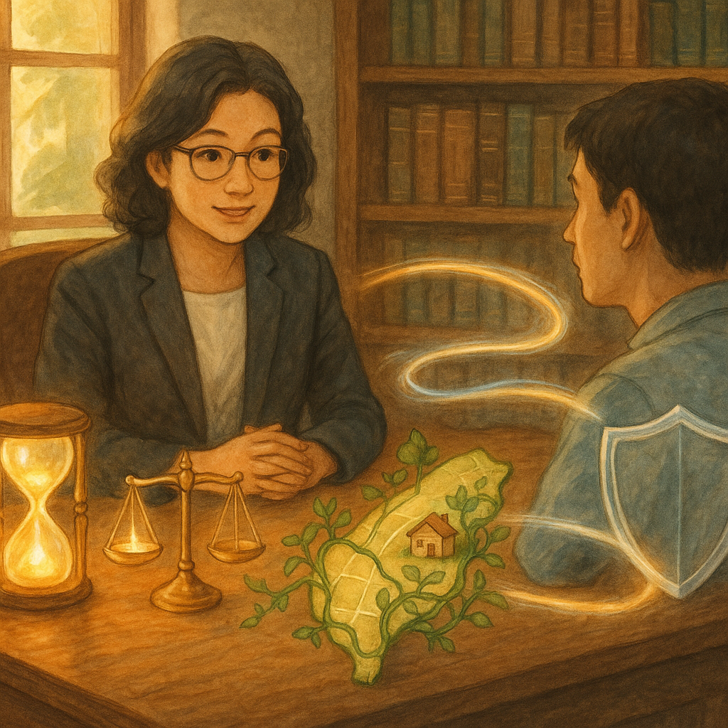 溫暖自然光下,台灣律師與當事人在木質事務所對談,桌上浮現發光沙漏、天平與土地界線地圖,化作藤蔓與小屋;旁側透明盾牌象徵風險控管、流動光帶呈時效取得脈絡,手繪質感、無文字、吉卜力般魔幻寫實。