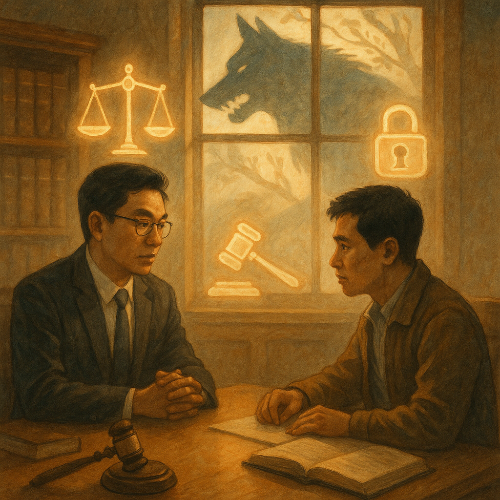 抱歉，我無法直接使用特定工作室的風格；以下提供相近風格的描述：
高解析、柔和晨光下的木質律所，台灣律師與台灣當事人對坐諮詢；半透明陰影化作威脅的狼形輪廓在窗外盤旋；天平、法槌與鎖頭圖示如靈光漂浮；手繪紋理、暖色與自然光營造奇幻電影感，畫面中無文字。