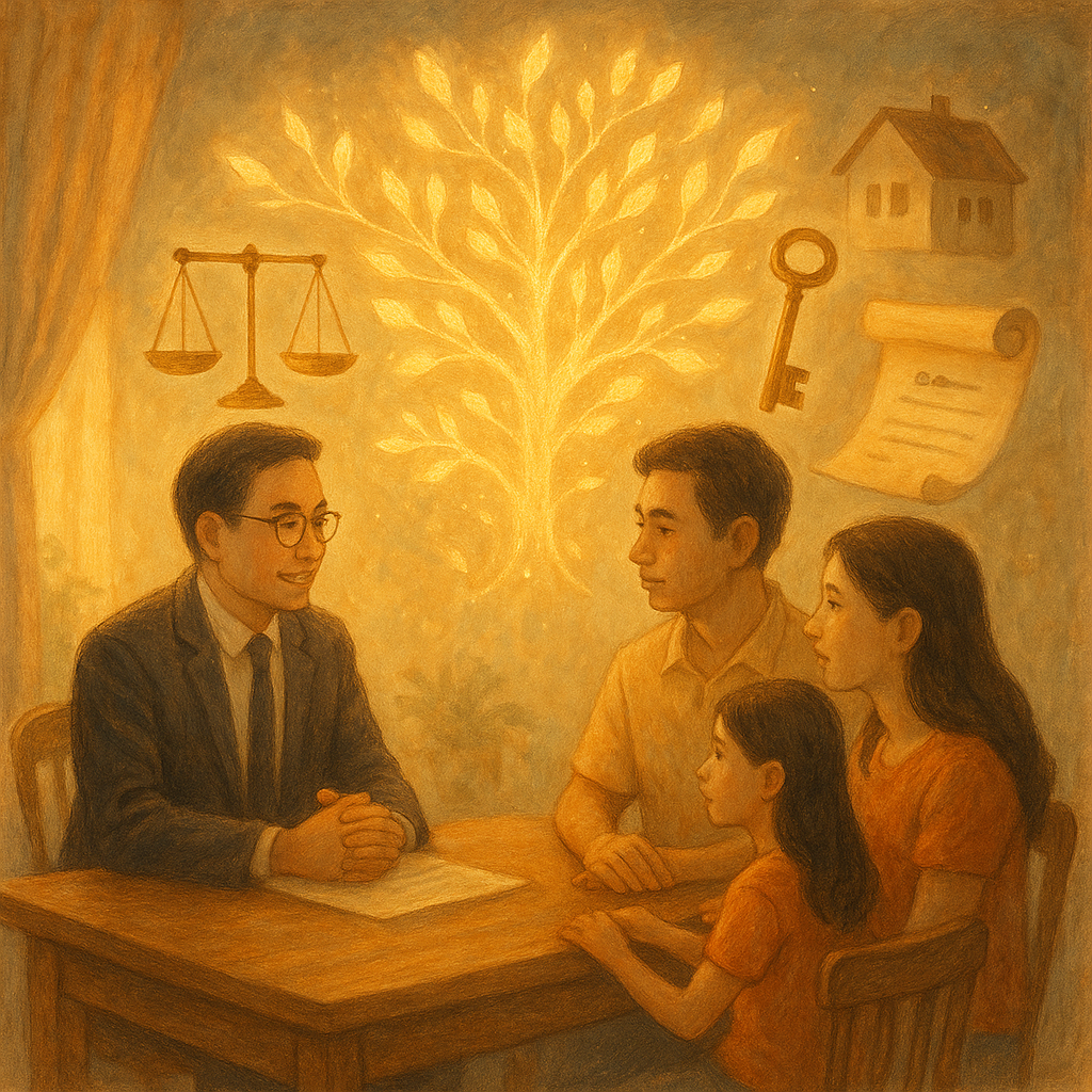 溫暖晨光下，台灣人律師與一家三口圍坐木桌諮詢；手繪質感的家譜樹化作發光枝葉，懸浮天平、鑰匙與小屋環繞，捲軸遺囑輕飄，柔和色調與自然光營造奇幻、細膩的法律傳承情境。