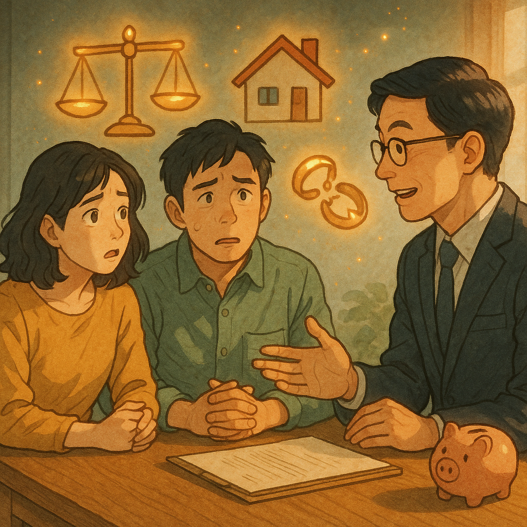 柔和自然光下,兩位台灣人夫妻與專業律師在木桌前諮詢;天際漂浮天平、房屋、分割的戒指與存錢筒等圖示微光環繞,手繪質感、溫暖奇幻的電影感日系動畫風,人物表情豐富,細節飽滿,無文字。